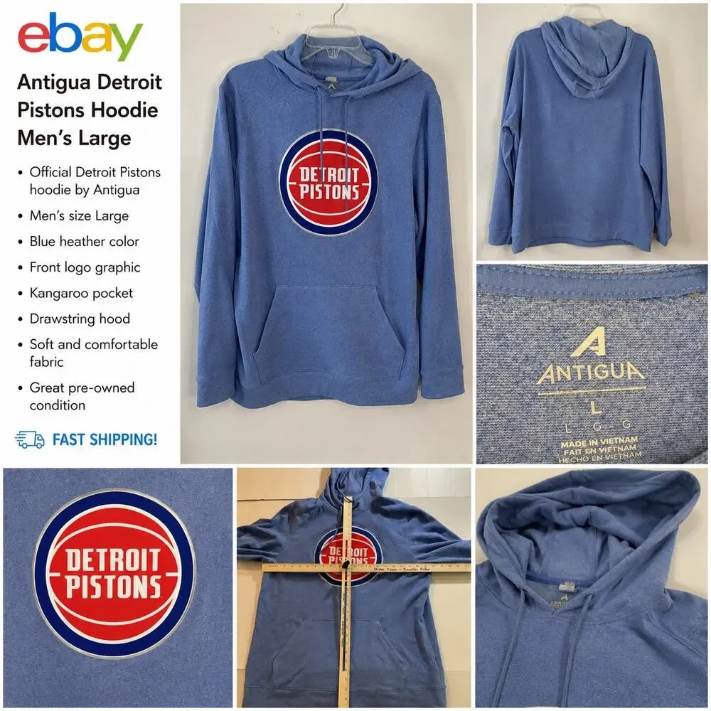Antigua Detroit Pistons Hoodie Mens Large Blue Pullover NBA Sweatshirt